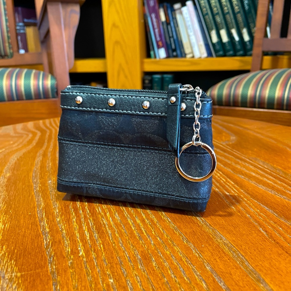 Coach Black and Silver Wallet with Textured Fabric and Zipper Closure